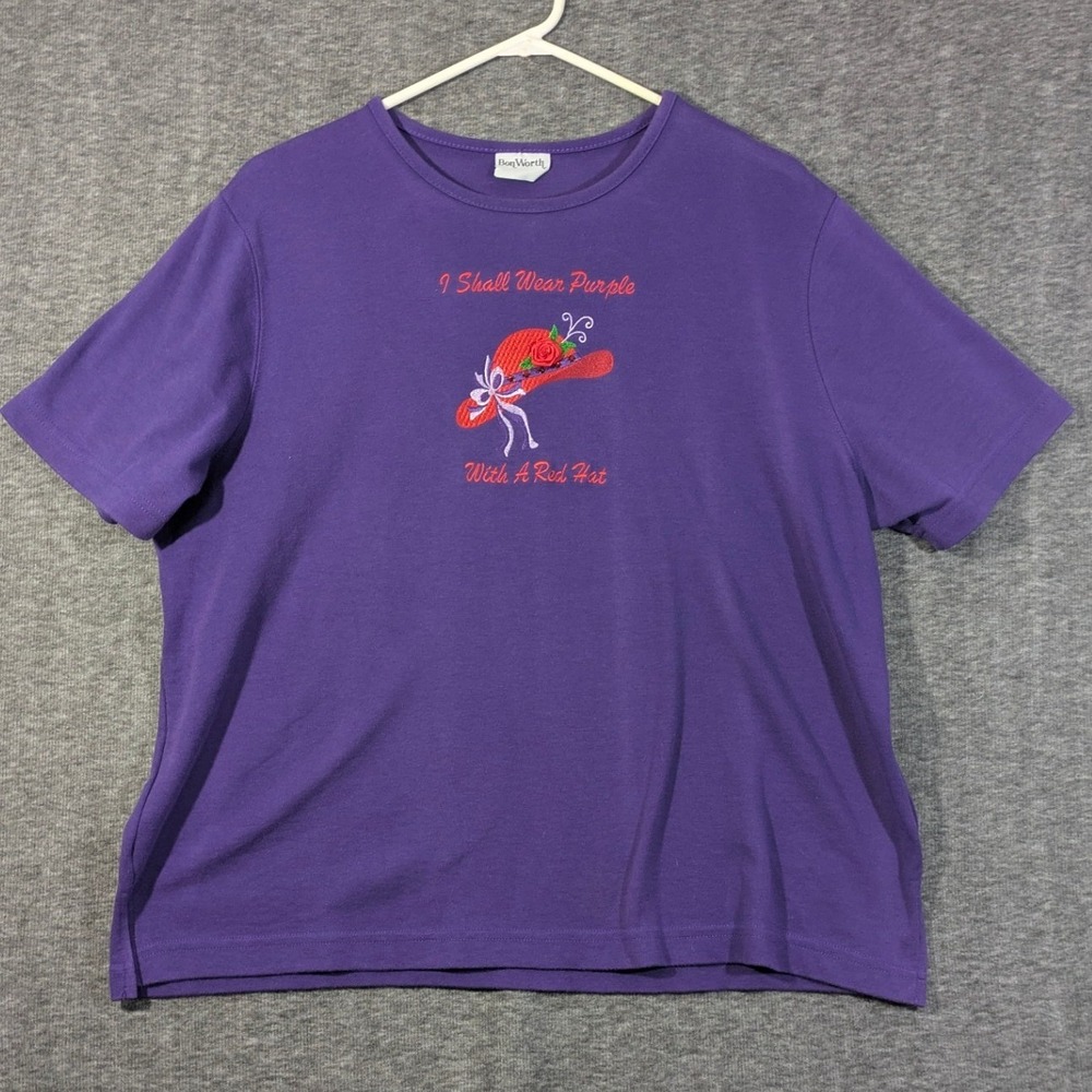 Vintage BonWorth Womens Purple Red Hat Society Embroidered Short Sleeve Size XL
